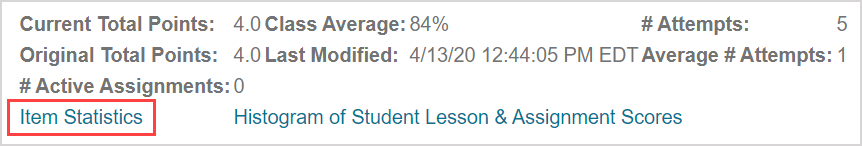 The item statistics link is the first link in the activity history.